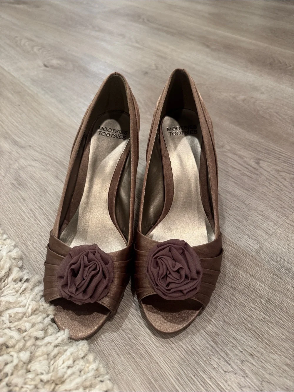 Mootsies Tootsies Brown Peep-Toe Heels with Rosette